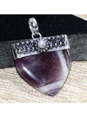 Chevron Amethyst, Moonstone Gemstone 925 Sterling Silver Cap Pendant Necklace